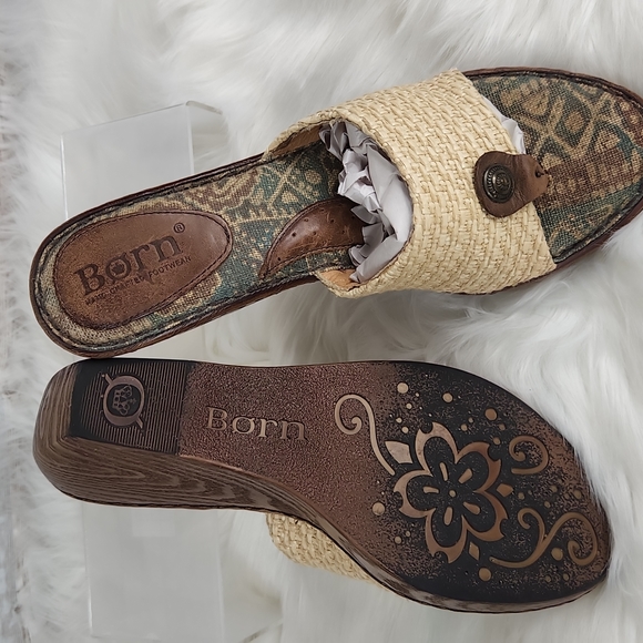 Born, Beige leather straw W62238 wedge platform Thong Sandal Shoes Sz 8/39 - Picture 7 of 7